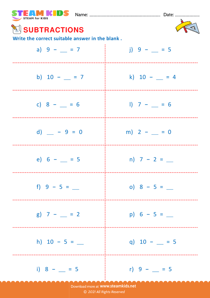 Free Math Worksheet - Subtraction number sentence upto 10 - Worksheet 23