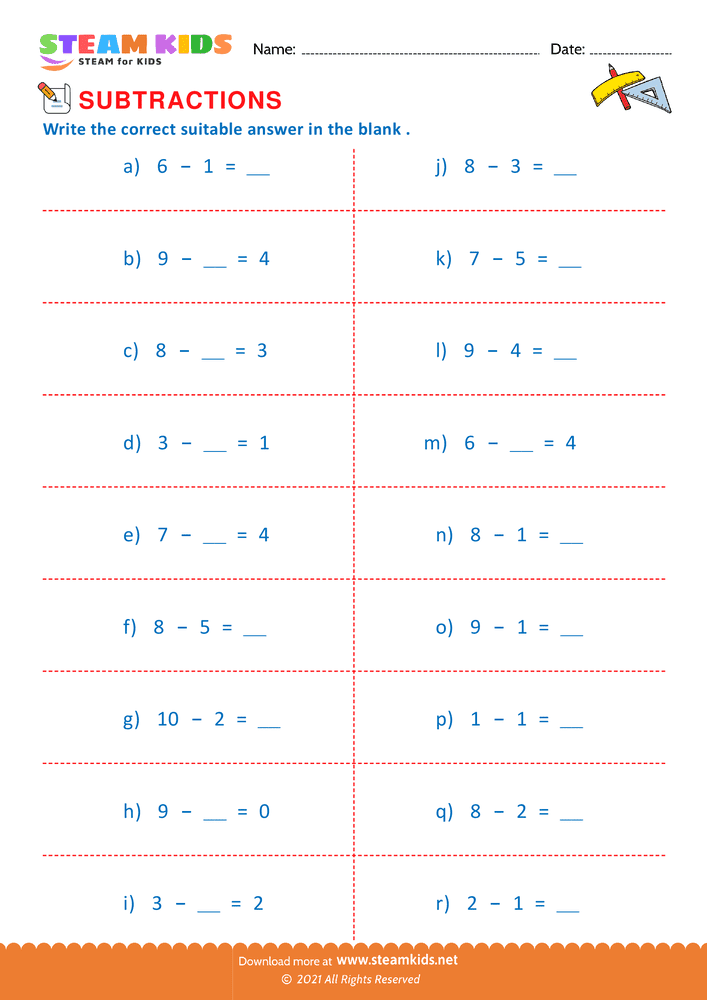 Free Math Worksheet - Subtraction number sentence upto 10 - Worksheet 24