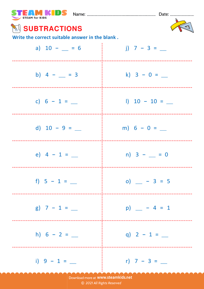 Free Math Worksheet - Subtraction number sentence upto 10 - Worksheet 25