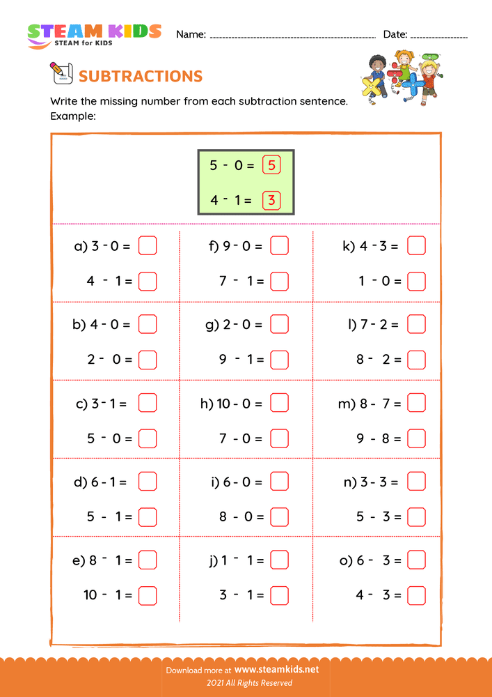 Free Math Worksheet - Subtraction number sentence upto 10 - Worksheet 26