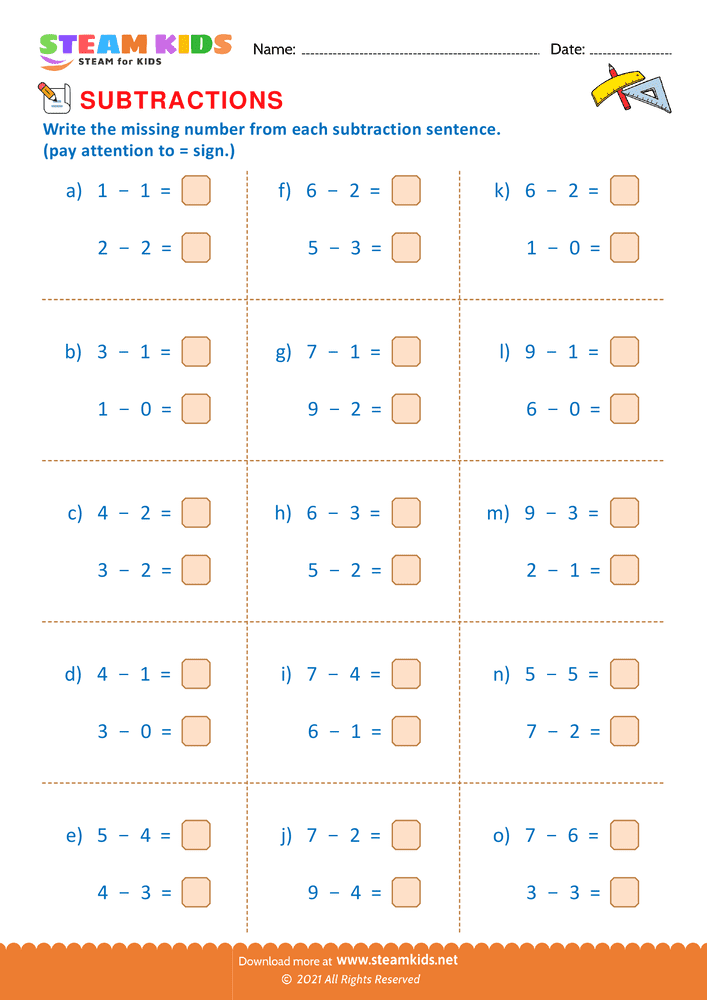 Free Math Worksheet - Subtraction number sentence upto 10 - Worksheet 27