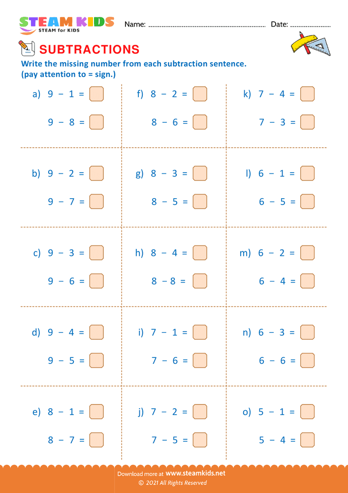 Free Math Worksheet - Subtraction number sentence upto 10 - Worksheet 28