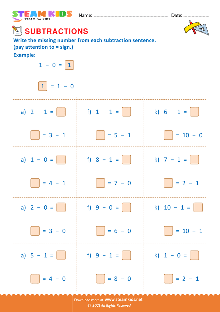 Free Math Worksheet - Subtraction number sentence upto 10 - Worksheet 29