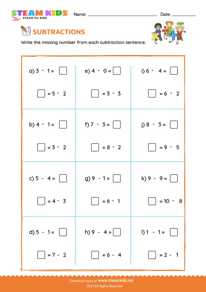 Free Math Worksheet - Subtraction number sentence upto 10 - Worksheet 30