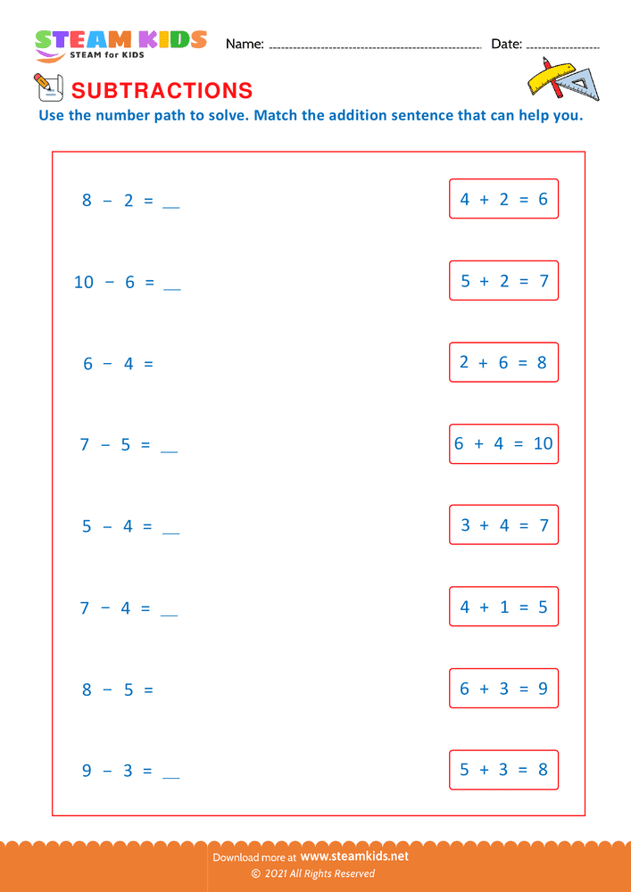 Free Math Worksheet - Match subtraction with addition - Worksheet 2