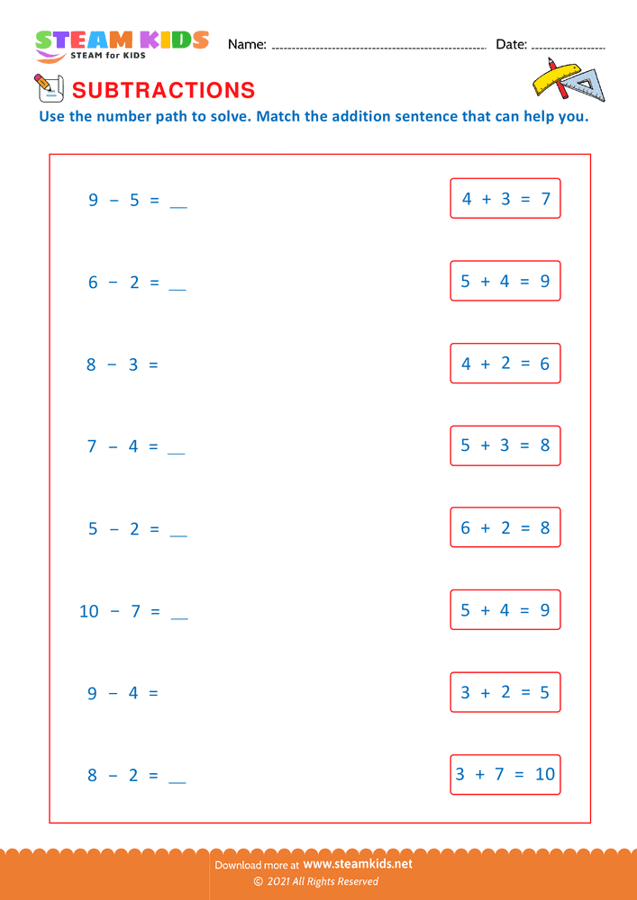 Free Math Worksheet - Match subtraction with addition - Worksheet 3