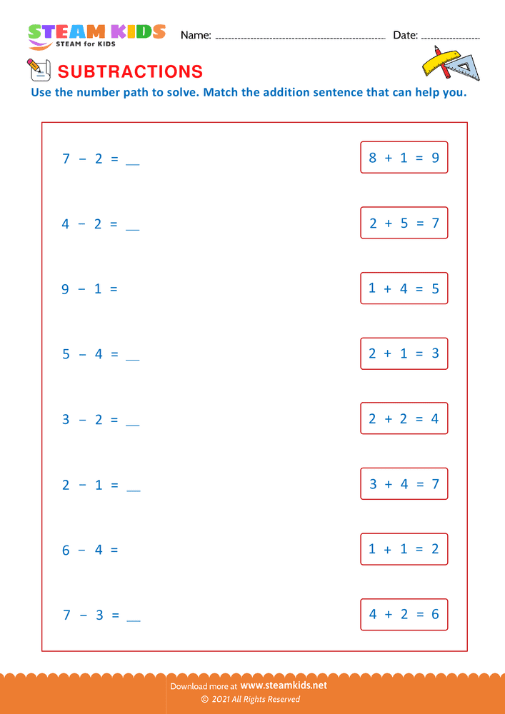 Free Math Worksheet - Match subtraction with addition - Worksheet 4