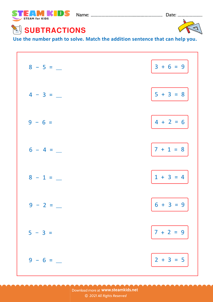 Free Math Worksheet - Match subtraction with addition - Worksheet 5