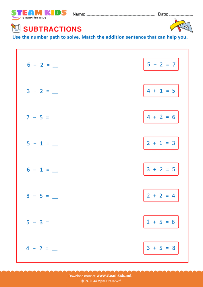 Free Math Worksheet - Match subtraction with addition - Worksheet 6