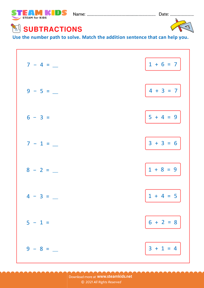 Free Math Worksheet - Match subtraction with addition - Worksheet 7