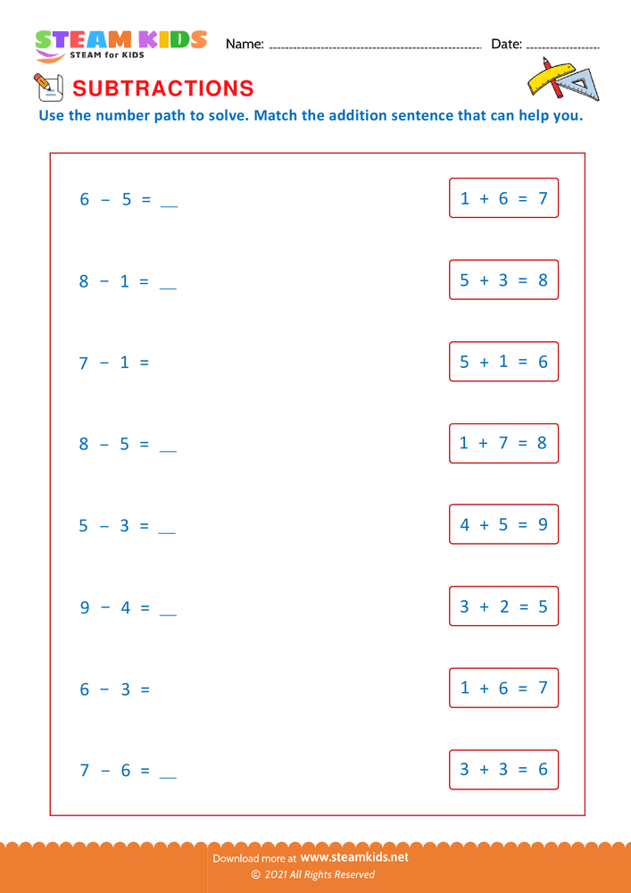 Free Math Worksheet - Match subtraction with addition - Worksheet 8
