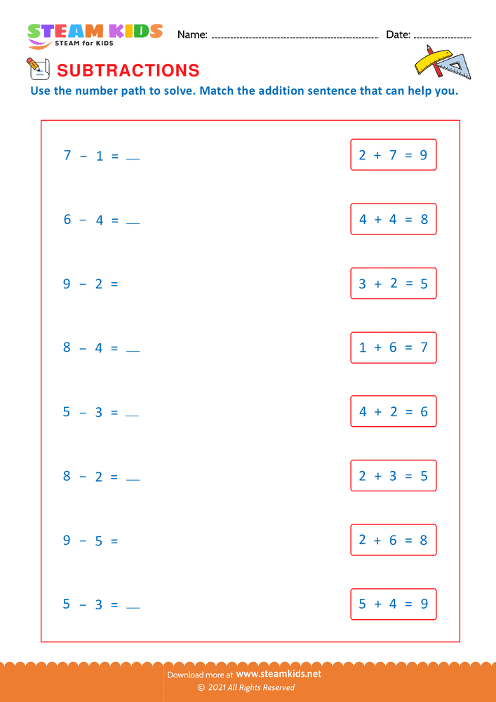 Free Math Worksheet - Match subtraction with addition - Worksheet 9