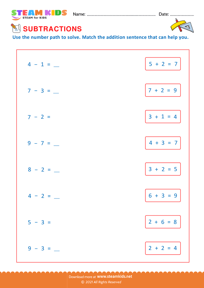 Free Math Worksheet - Match subtraction with addition - Worksheet 10