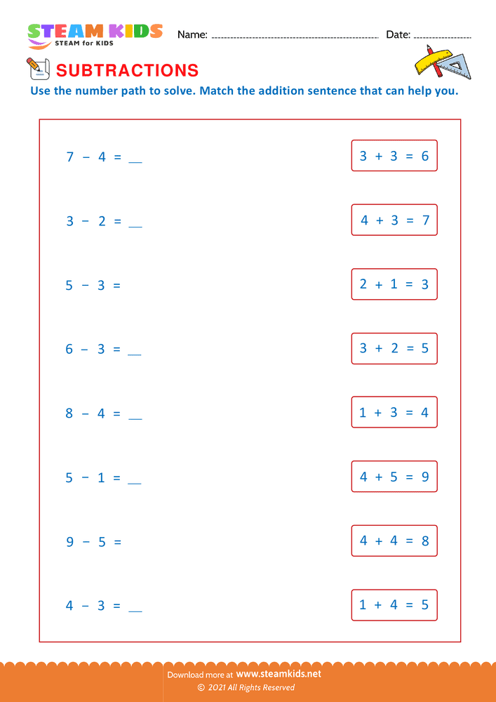 Free Math Worksheet - Match subtraction with addition - Worksheet 11