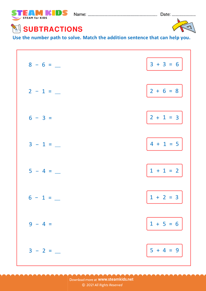 Free Math Worksheet - Match subtraction with addition - Worksheet 12