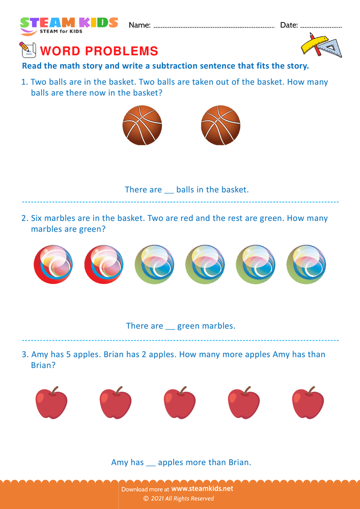 Free Math Worksheet - Subtraction sentence - Worksheet 2