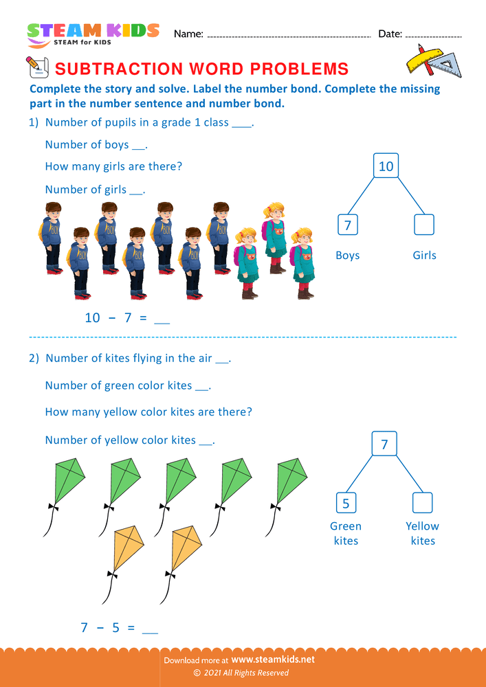 Free Math Worksheet - Solve by number bonds - Worksheet 8