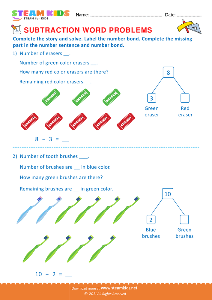 Free Math Worksheet - Solve by number bonds - Worksheet 9