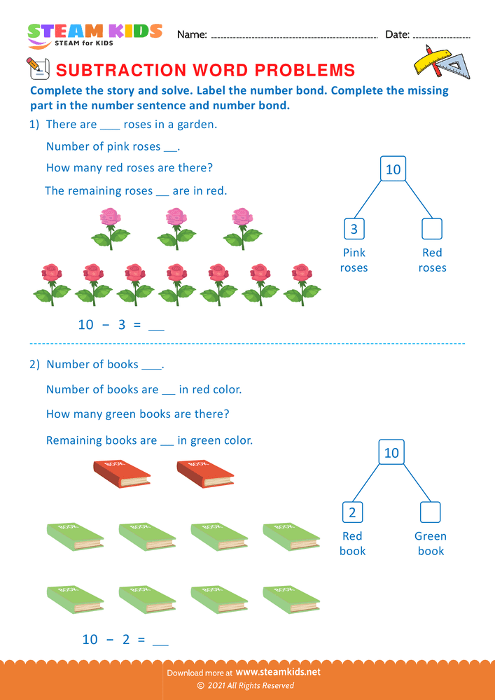 Free Math Worksheet - Solve by number bonds - Worksheet 10