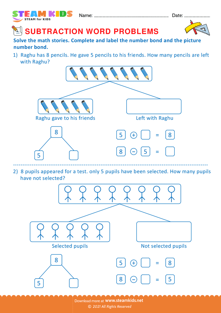 Free Math Worksheet - Solve by number bonds - Worksheet 12