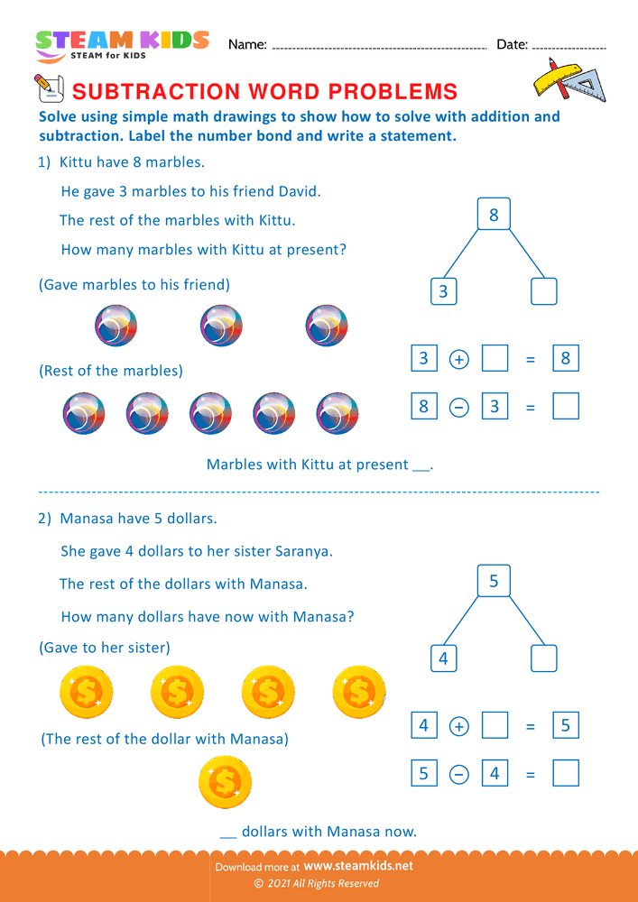 Free Math Worksheet - Solve by number bonds - Worksheet 23