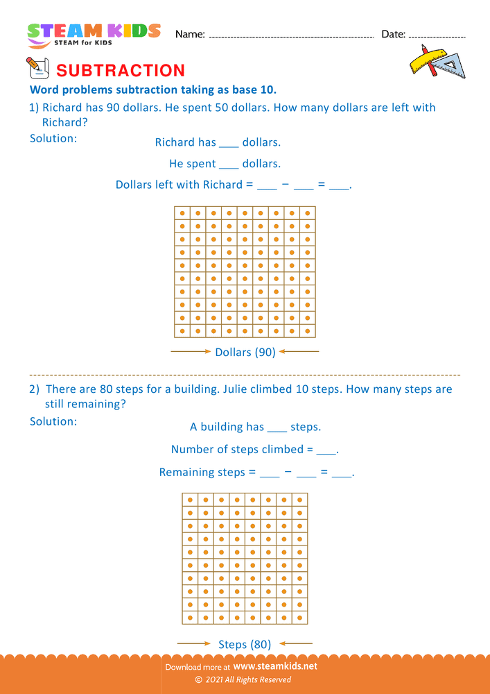 Free Math Worksheet - Subtract take as base 10 - Worksheet 5