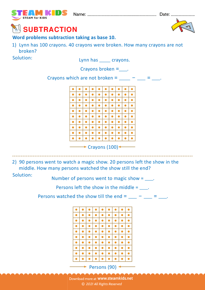 Free Math Worksheet - Subtract take as base 10 - Worksheet 7