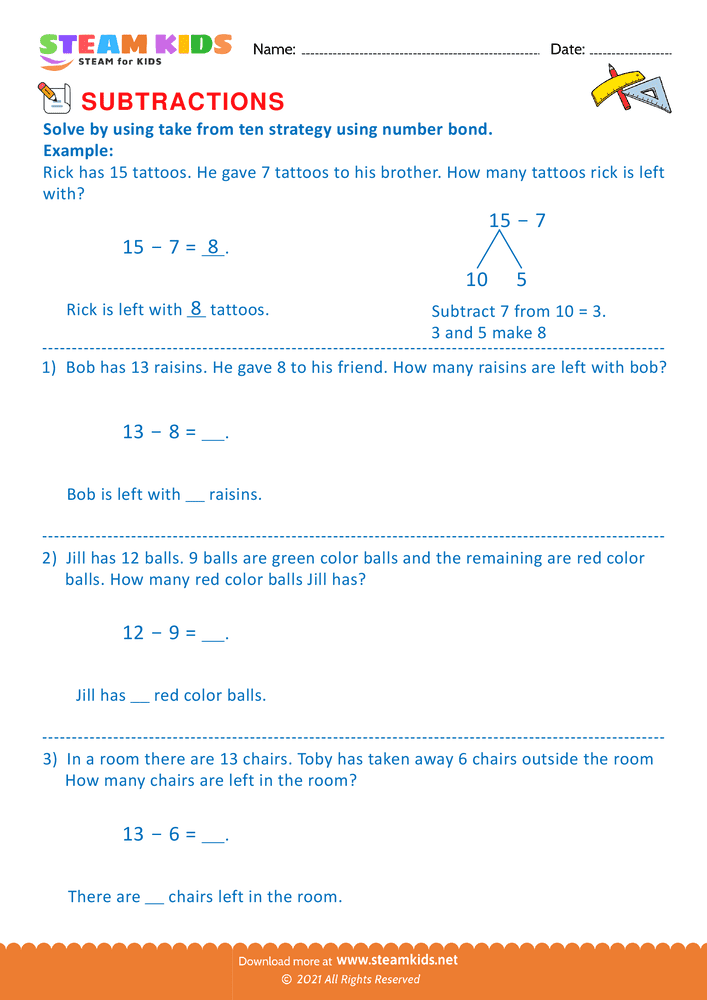 Free Math Worksheet - Take from ten strategy - Worksheet 1