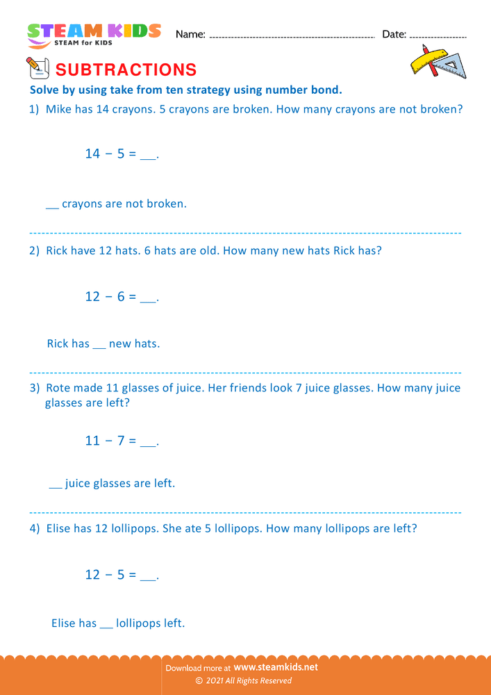 Free Math Worksheet - Take from ten strategy - Worksheet 2