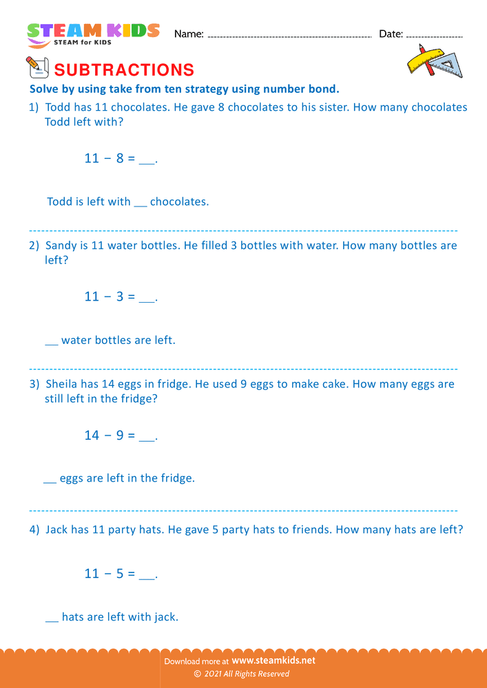 Free Math Worksheet - Take from ten strategy - Worksheet 3