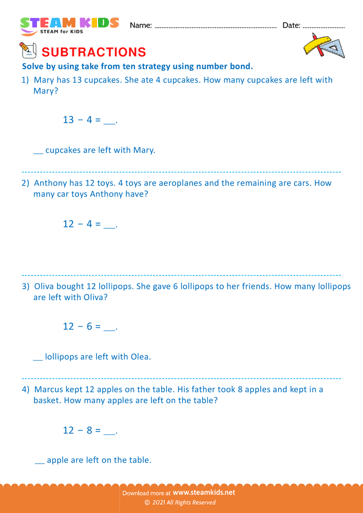 Free Math Worksheet - Take from ten strategy - Worksheet 4