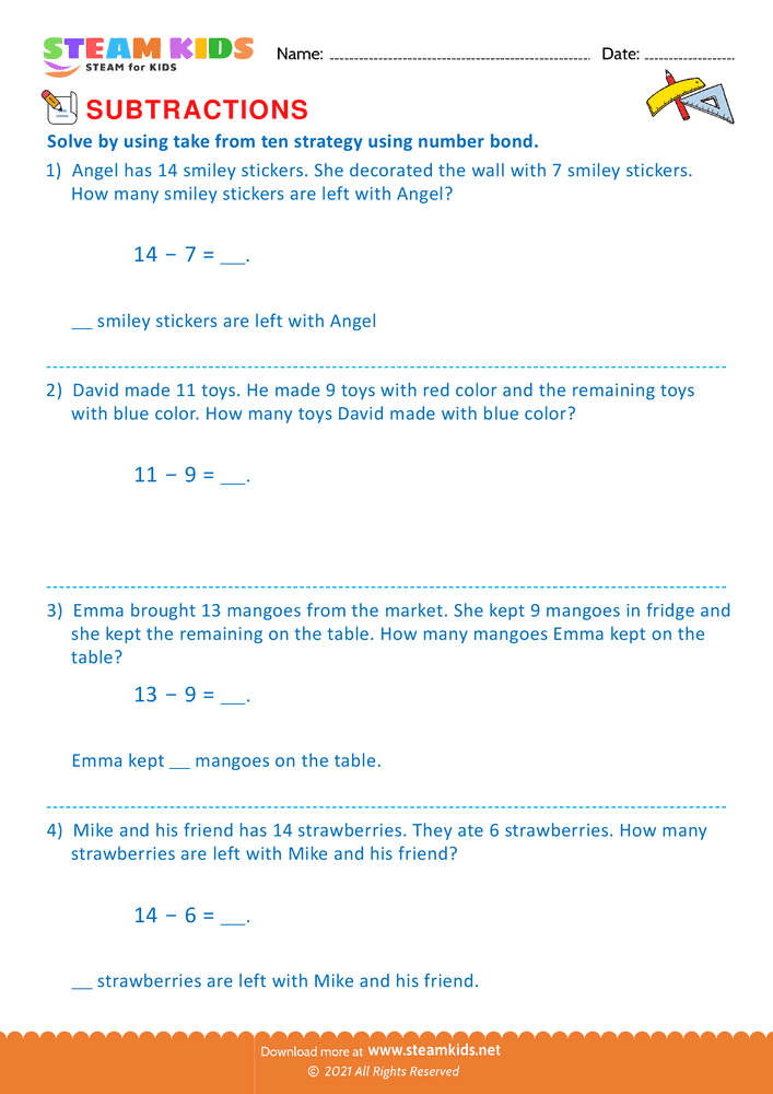 Free Math Worksheet - Take from ten strategy - Worksheet 5