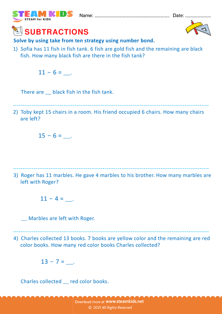 Free Math Worksheet - Take from ten strategy - Worksheet 6