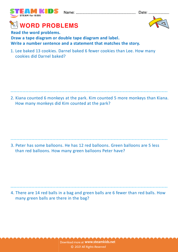 Free Math Worksheet - Using Tape Diagram - Worksheet 5