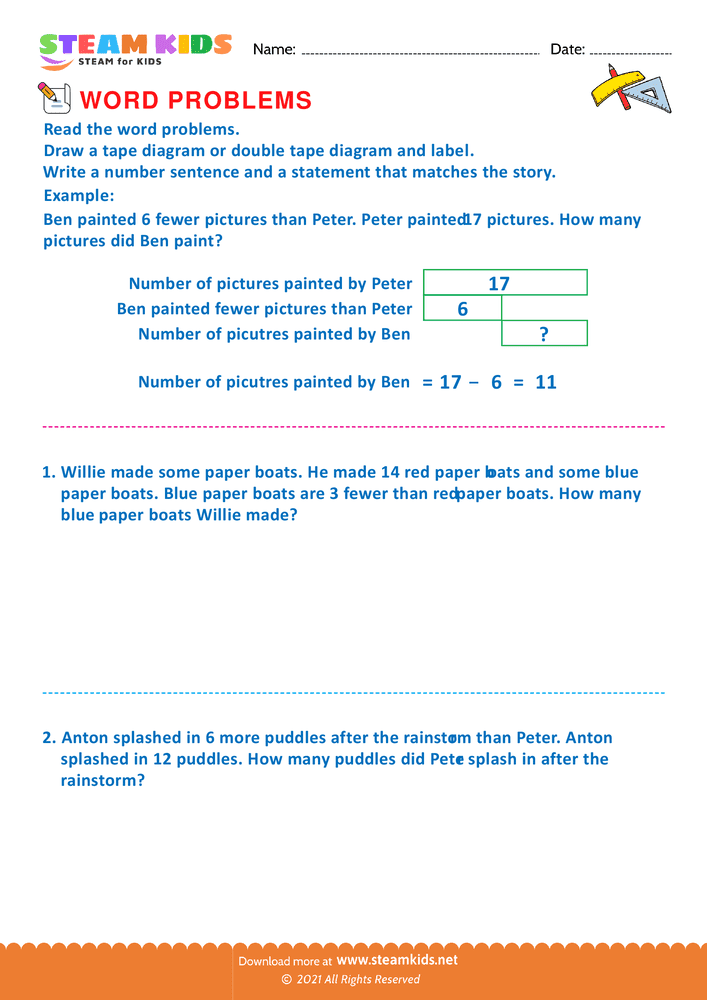 Free Math Worksheet - Using Tape Diagram - Worksheet 7