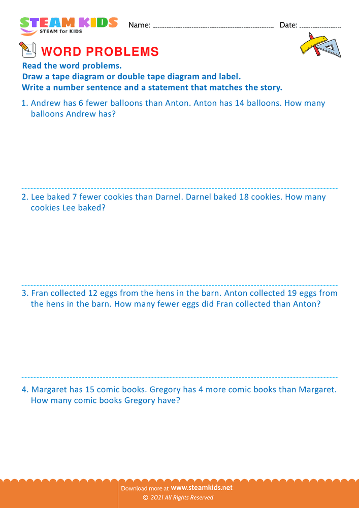 Free Math Worksheet - Using Tape Diagram - Worksheet 8