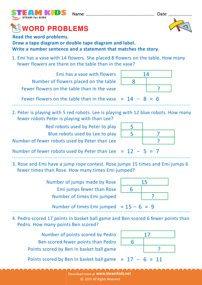 Free Math Worksheet - Using Tape Diagram - Worksheet 12