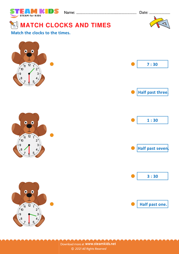 Free Math Worksheet - Match the Clocks - Worksheet 1