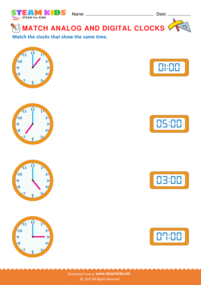 Free Math Worksheet - Match analog & digital clocks - Worksheet 2