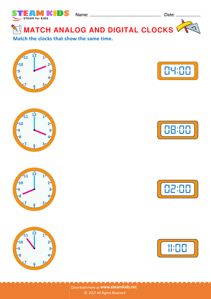 Free Math Worksheet - Match analog & digital clocks - Worksheet 3