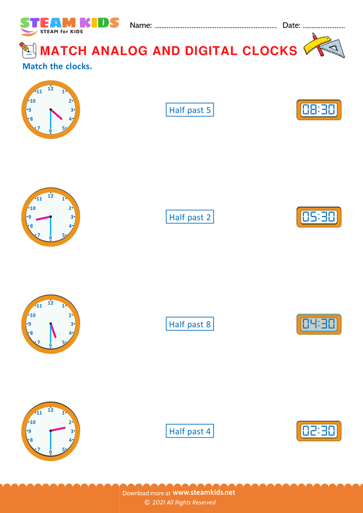 Free Math Worksheet - Match analog & digital clocks - Worksheet 6