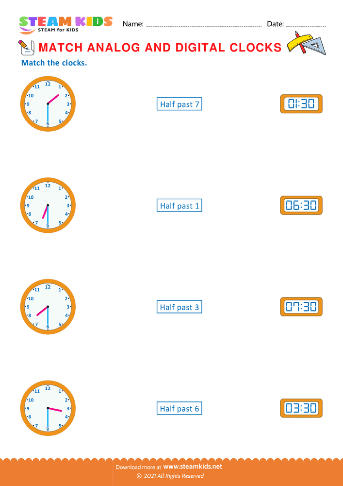 Free Math Worksheet - Match analog & digital clocks - Worksheet 7