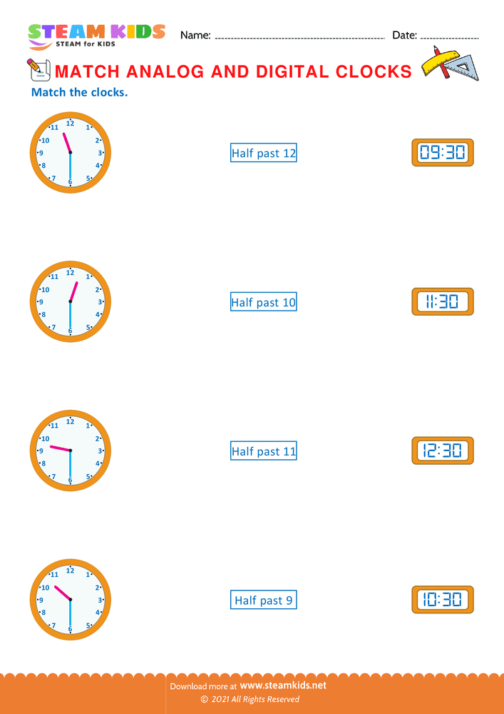 Free Math Worksheet - Match analog & digital clocks - Worksheet 8