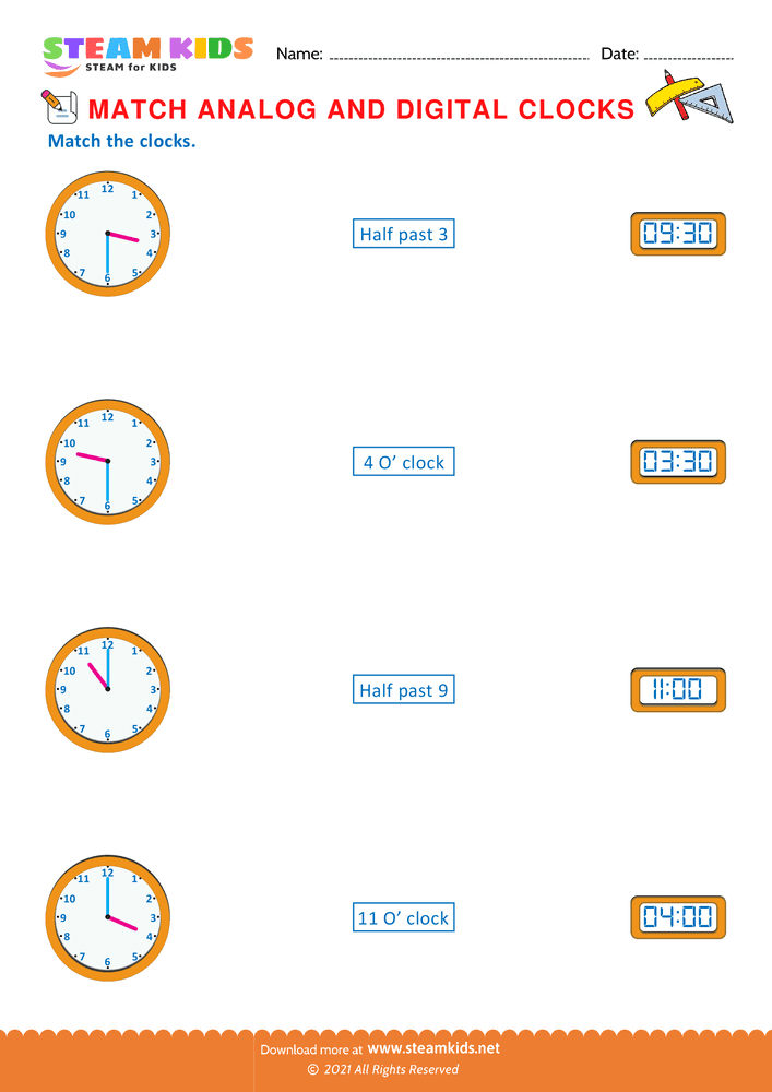Free Math Worksheet - Match analog & digital clocks - Worksheet 11