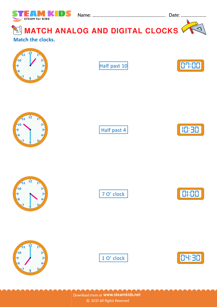 Free Math Worksheet - Match analog & digital clocks - Worksheet 12
