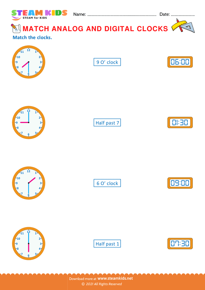 Free Math Worksheet - Match analog & digital clocks - Worksheet 13