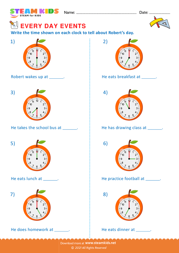 Free Math Worksheet - Times of every day events - Worksheet 1