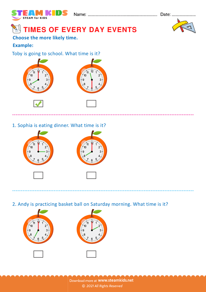Free Math Worksheet - Times of every day events - Worksheet 5