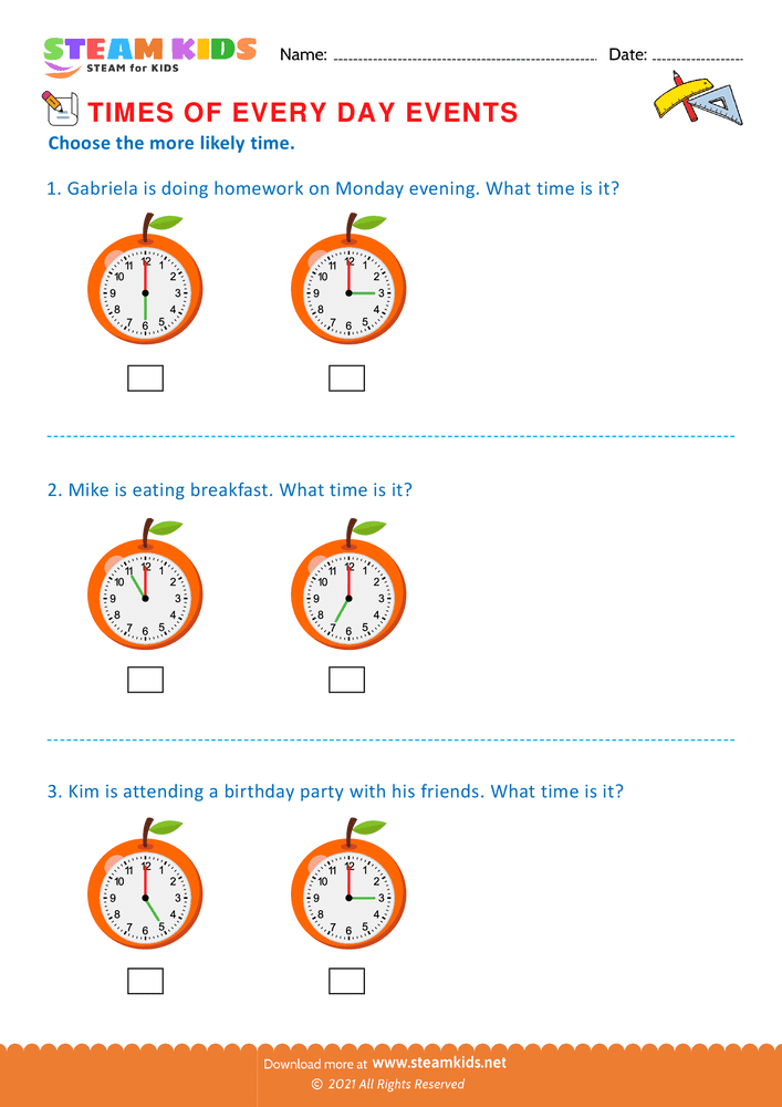 Free Math Worksheet - Times of every day events - Worksheet 6