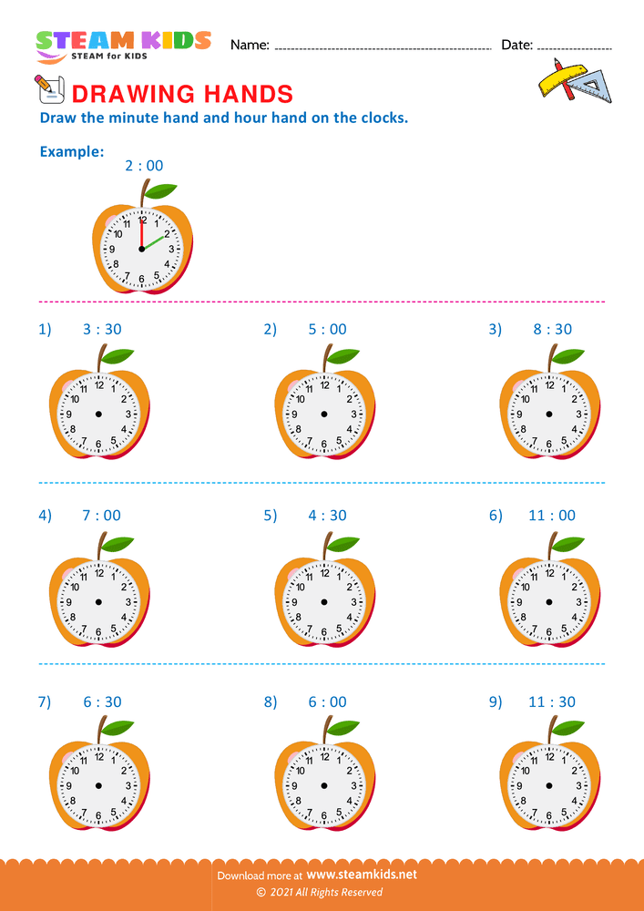 Free Math Worksheet - Drawing hands on clocks - Worksheet 1